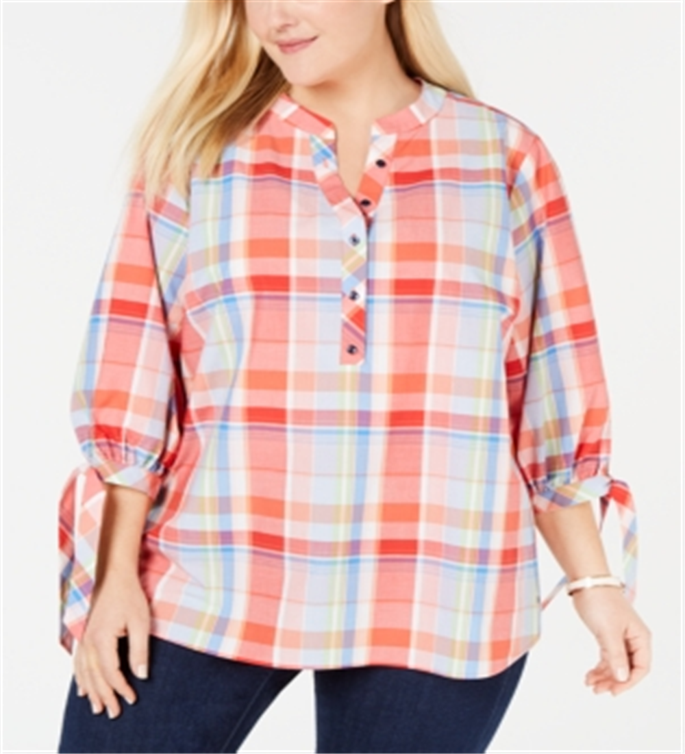 Tommy Hilfiger Women's Plaid Button Front Popover Blouses Orange Size XXXL