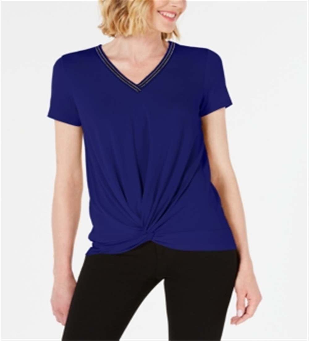 JM Collection Women's Embellished Twist Front Top Blue Size Petite XL