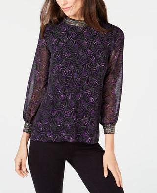 Alfani Women's Printed Embellished Neck Top Black Size Petite Small