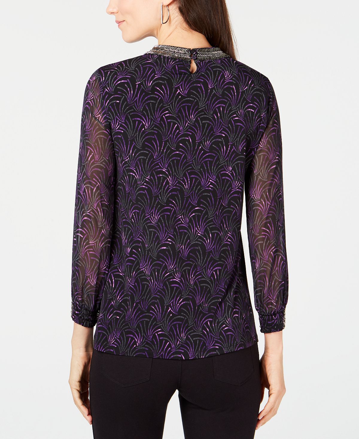 Alfani Women's Printed Embellished Neck Top Black Size Petite Small