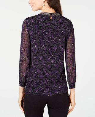 Alfani Women's Printed Embellished Neck Top Black Size Petite Small