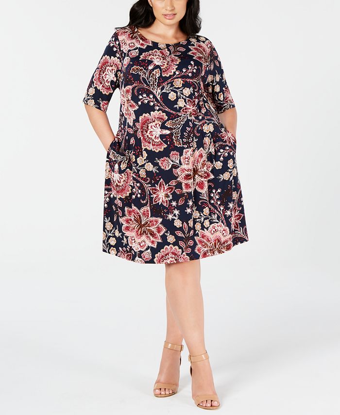 Connected Women's Floral 3/4 Sleeve Jewel Neck Knee Length Sheath Dress Blue Size 18W