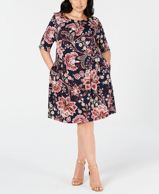 Connected Women's Floral 3/4 Sleeve Jewel Neck Knee Length Sheath Dress Blue Size 18W