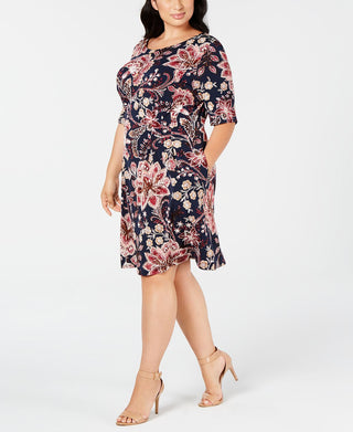 Connected Women's Floral 3/4 Sleeve Jewel Neck Knee Length Sheath Dress Blue Size 18W