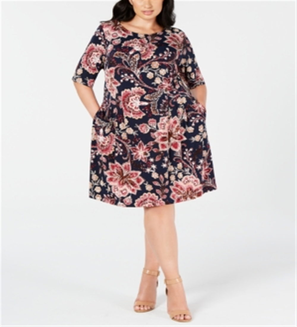 Connected Women's Floral 3/4 Sleeve Jewel Neck Knee Length Sheath Dress Blue Size 18W