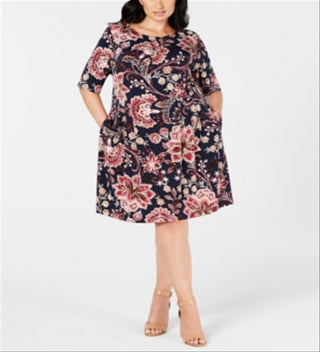 Connected Women's Floral 3/4 Sleeve Jewel Neck Knee Length Sheath Dress Blue Size 18W