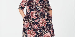 Connected Women's Floral 3/4 Sleeve Jewel Neck Knee Length Sheath Dress Blue Size 18W