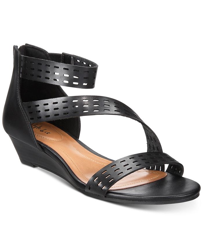 Style & CO Women's Giordi Perforated Strap Wedge Sandals Black Size 9