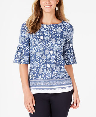 Charter Club Women's Printed Bell Sleeve Top Blue Size Petite L