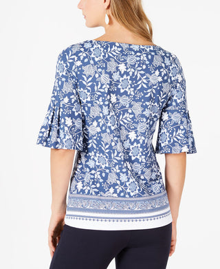 Charter Club Women's Printed Bell Sleeve Top Blue Size Petite L