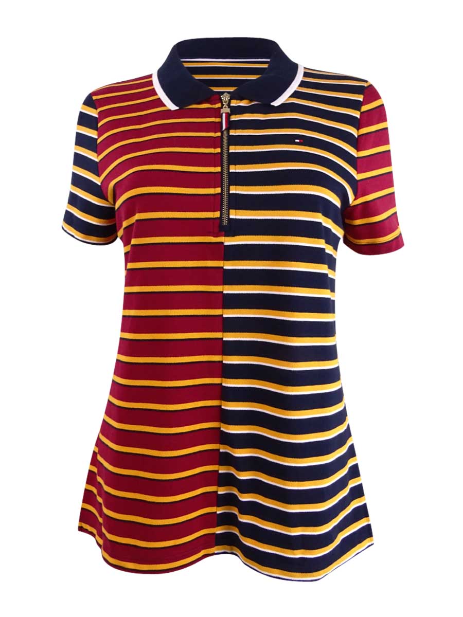 Tommy Hilfiger Women's Plus Striped Pique Zip Polo Shirt Blue Size 2X