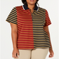 Tommy Hilfiger Women's Plus Striped Pique Zip Polo Shirt Blue Size 2X