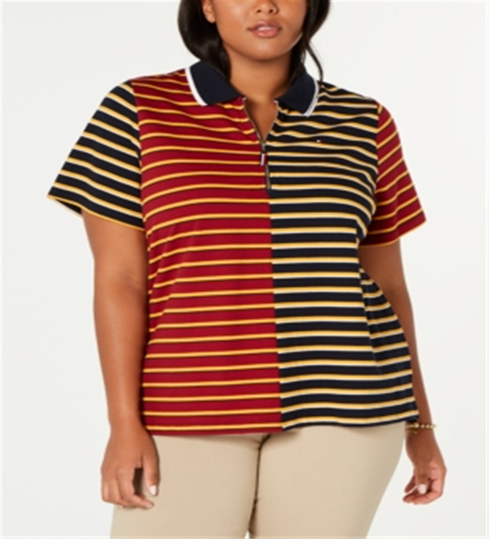 Tommy Hilfiger Women's Plus Striped Pique Zip Polo Shirt Blue Size 2X