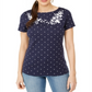 Karen Scott Women's Printed Embroidered Boat Neck Cotton Top Blue Size Size Medium