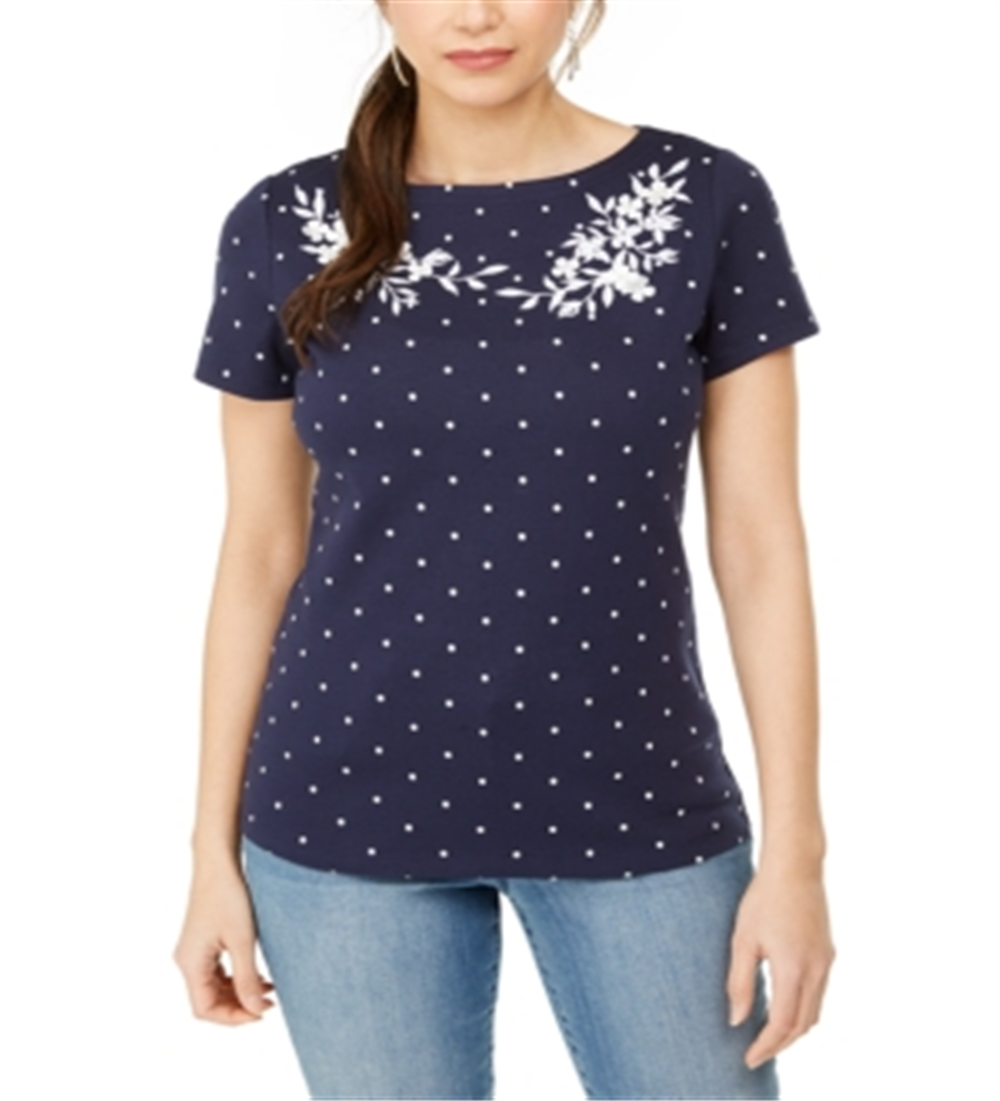 Karen Scott Women's Printed Embroidered Boat Neck Cotton Top Blue Size Size Medium