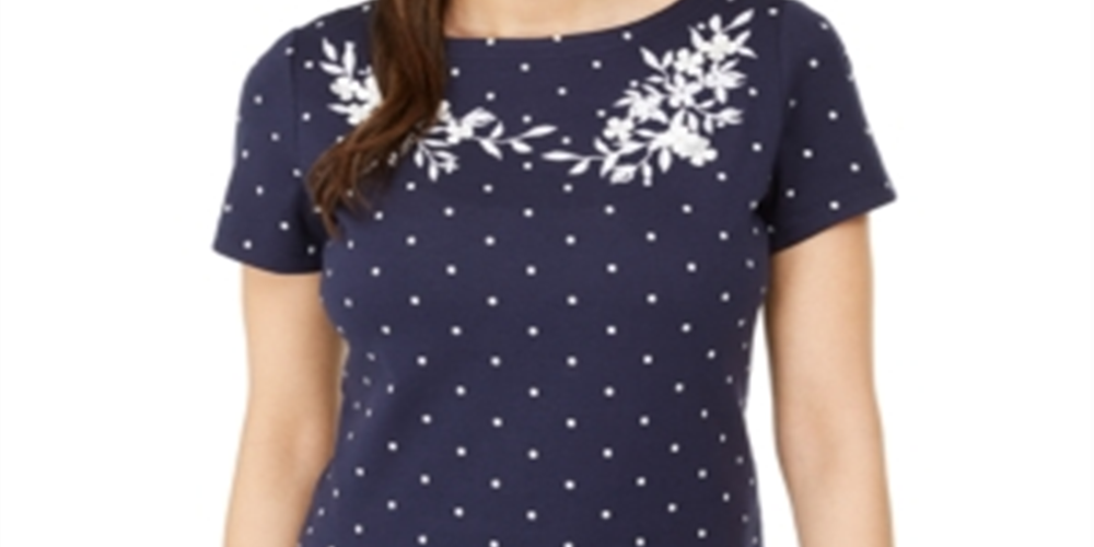 Karen Scott Women's Printed Embroidered Boat Neck Cotton Top Blue Size Size Medium