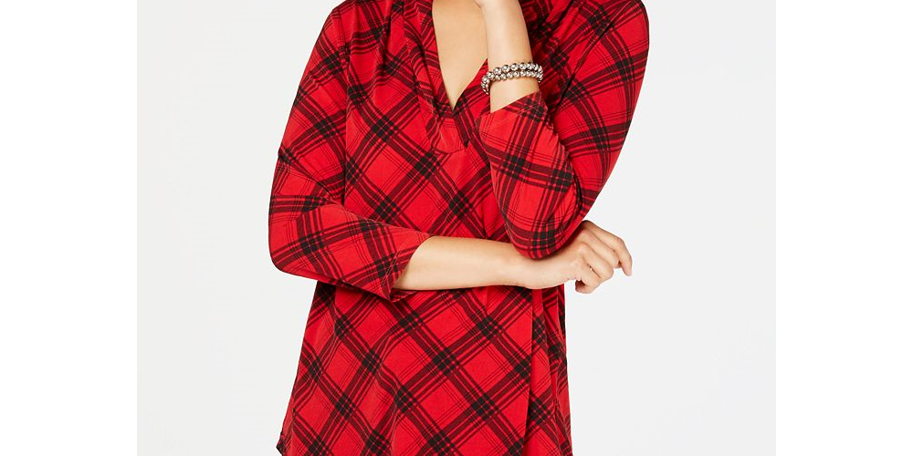 Charter Club Women's V Neck Printed Three Quarter Sleeve Top Red Size XX-Large