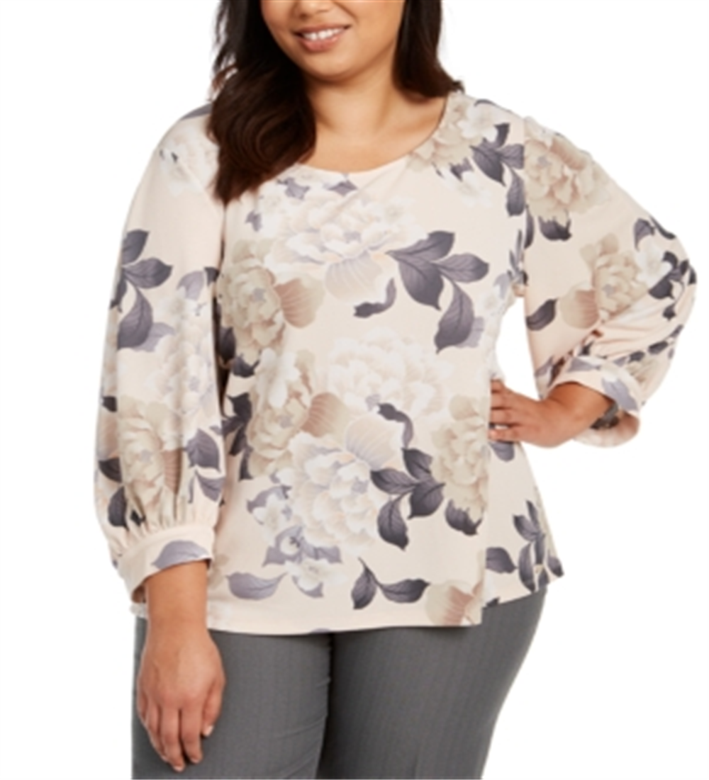 Calvin Klein Women's Plus Floral Print Blouson-Sleeve Top Pink Size 2X