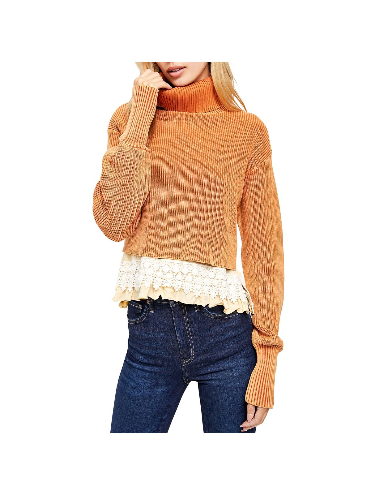 Free People Women's at First Glance Turtleneck Knit Ribbed Trim Sweater Orange Size Large
