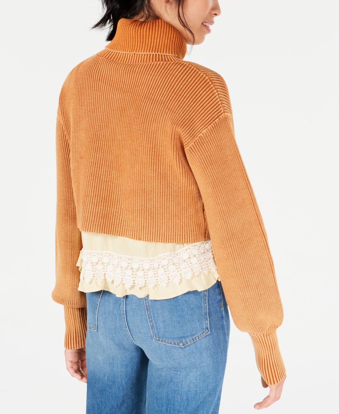 Free People Women's at First Glance Turtleneck Knit Ribbed Trim Sweater Orange Size Large