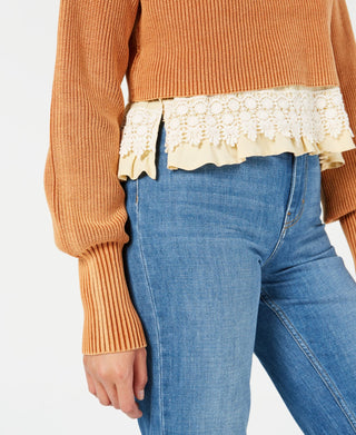 Free People Women's at First Glance Turtleneck Knit Ribbed Trim Sweater Orange Size Large