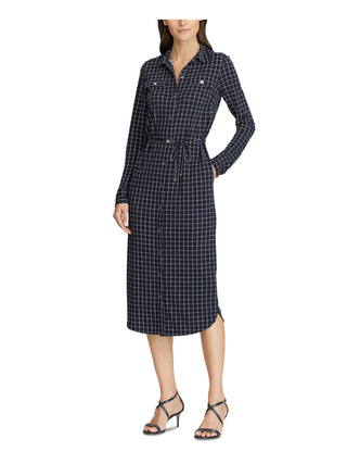 Ralph Lauren Women's Check Long Sleeve Collared Below the Knee Shirt Dress Blue Size X-Small