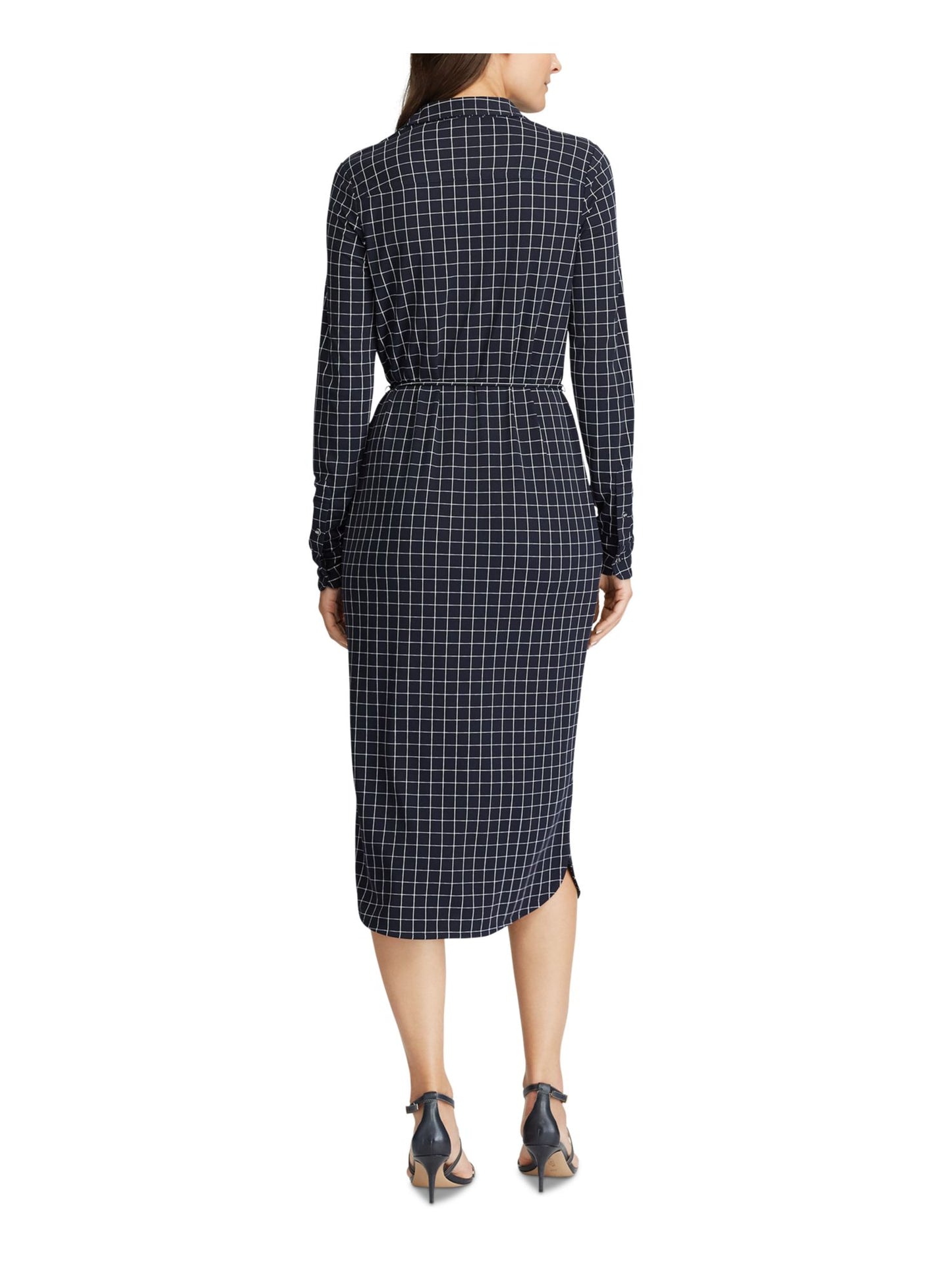 Ralph Lauren Women's Check Long Sleeve Collared Below the Knee Shirt Dress Blue Size X-Small