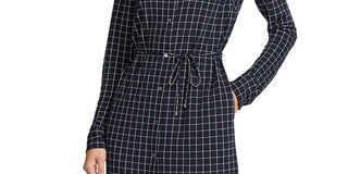 Ralph Lauren Women's Check Long Sleeve Collared Below the Knee Shirt Dress Blue Size X-Small