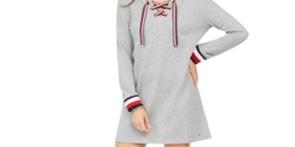 Tommy Hilfiger Women's Lace up Hoodie Sweatshirt Dress -Gray Size -S