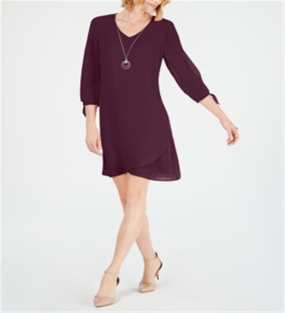JM Collection Women's Tie sleeve Necklace 3/4 Sleeve V Neck Short Shift Evening Dress Wine Size M