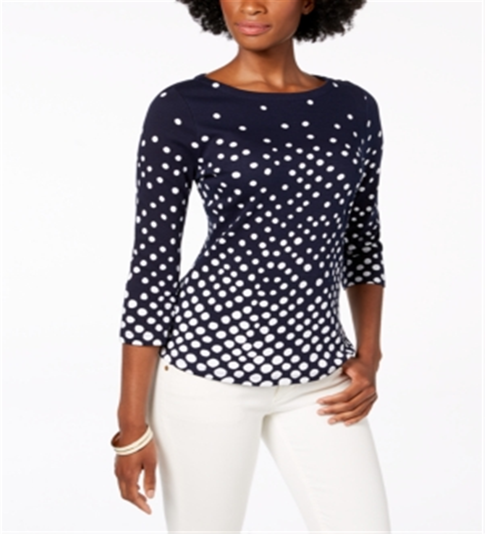 Charter Club Women's Pima Cotton Button-Shoulder Print Top Blue Size Petite M