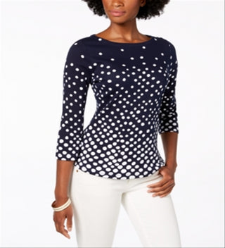 Charter Club Women's Pima Cotton Button-Shoulder Print Top Blue Size Petite M