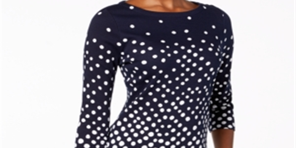 Charter Club Women's Pima Cotton Button-Shoulder Print Top Blue Size Petite M