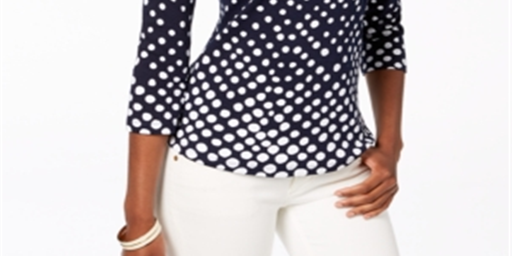 Charter Club Women's Pima Cotton Button-Shoulder Print Top Blue Size Petite M