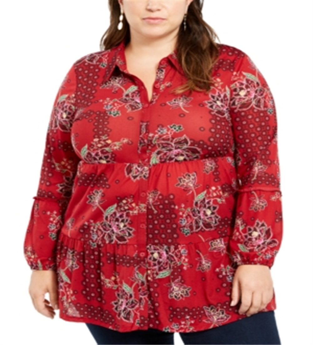 Style & Co Women's Plus Floral Print Tiered Blouse Red Size 0X