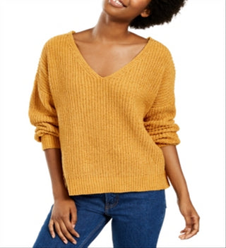 Hippie Rose Junior's Chenille V Neck Sweater Yellow Size Large