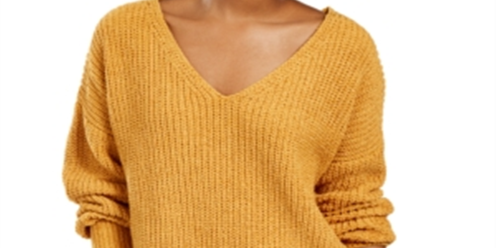 Hippie Rose Junior's Chenille V Neck Sweater Yellow Size Large