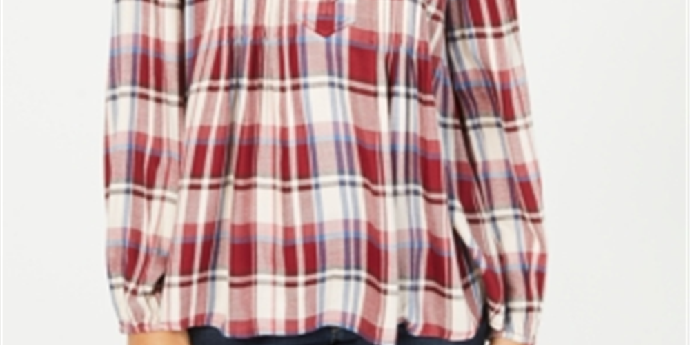 Style & Co Women's Plaid Split Neck Top Red Size Large