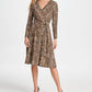 DKNY Women's Tie Zippered Animal Print Long Sleeve V Neck Below the Knee Wrap Dress Party Dress Beige Size 14