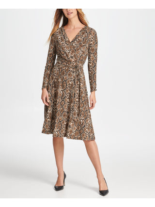 DKNY Women's Tie Zippered Animal Print Long Sleeve V Neck Below the Knee Wrap Dress Party Dress Beige Size 14
