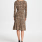 DKNY Women's Tie Zippered Animal Print Long Sleeve V Neck Below the Knee Wrap Dress Party Dress Beige Size 14