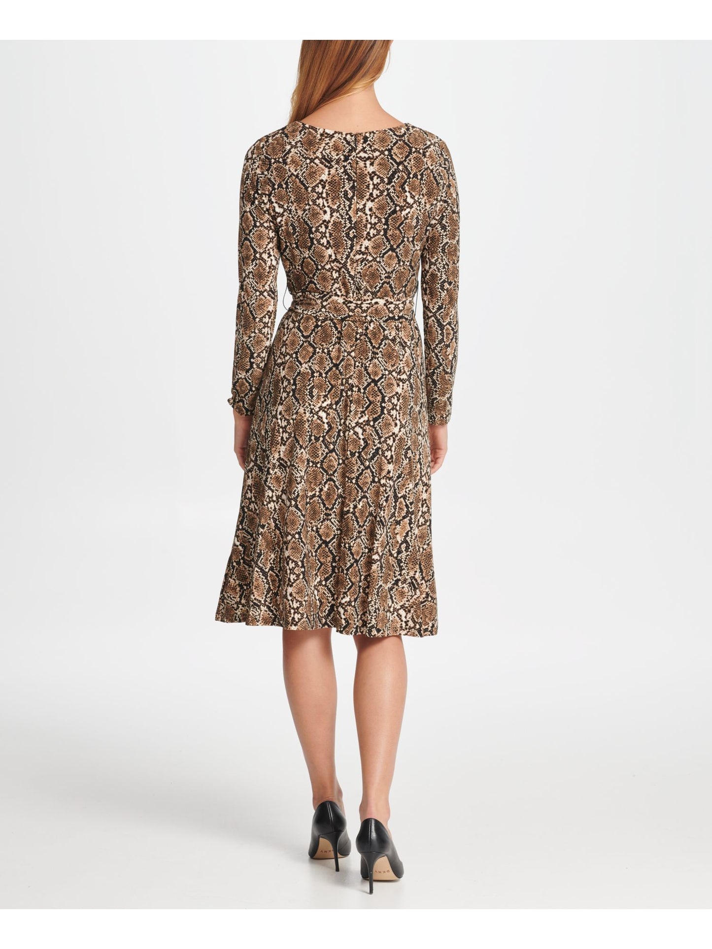 DKNY Women's Tie Zippered Animal Print Long Sleeve V Neck Below the Knee Wrap Dress Party Dress Beige Size 14