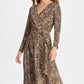 DKNY Women's Tie Zippered Animal Print Long Sleeve V Neck Below the Knee Wrap Dress Party Dress Beige Size 14