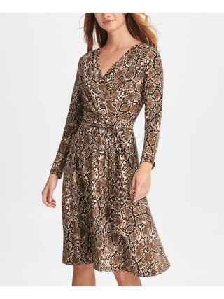 DKNY Women's Tie Zippered Animal Print Long Sleeve V Neck Below the Knee Wrap Dress Party Dress Beige Size 14