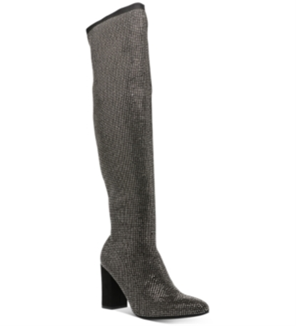 Wild Pair Women's Rhinestone Covered Cushioned Bravy Pointed Toe Block Heel Zip up Dress Boots Gray Size 9.5M