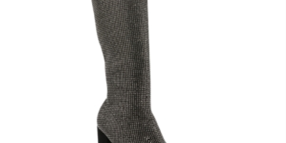 Wild Pair Women's Rhinestone Covered Cushioned Bravy Pointed Toe Block Heel Zip up Dress Boots Gray Size 9.5M
