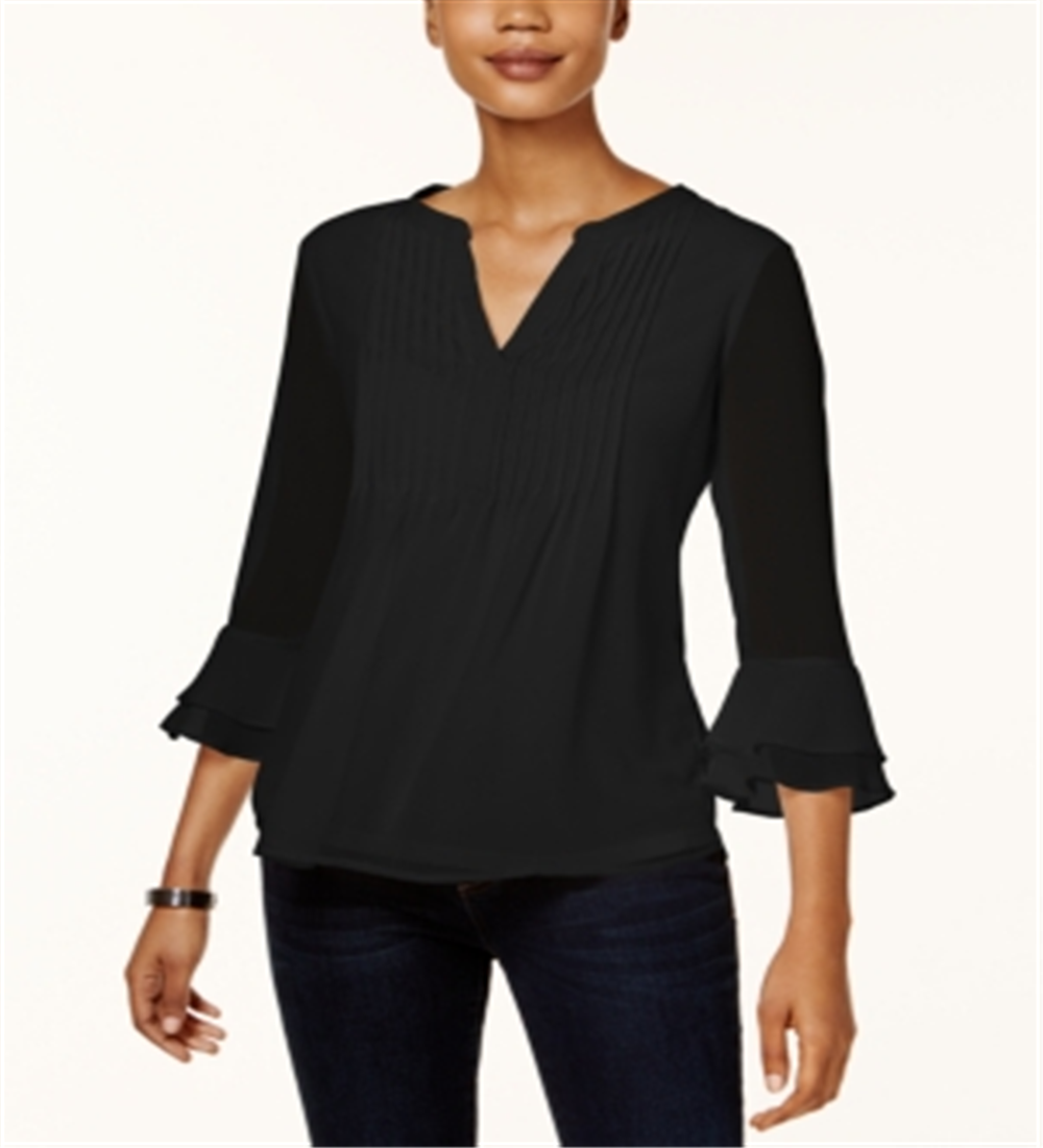 Charter Club Women's Double Ruffle Solid Pintuck Top Black Size Petite S