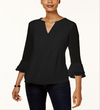 Charter Club Women's Double Ruffle Solid Pintuck Top Black Size Petite S