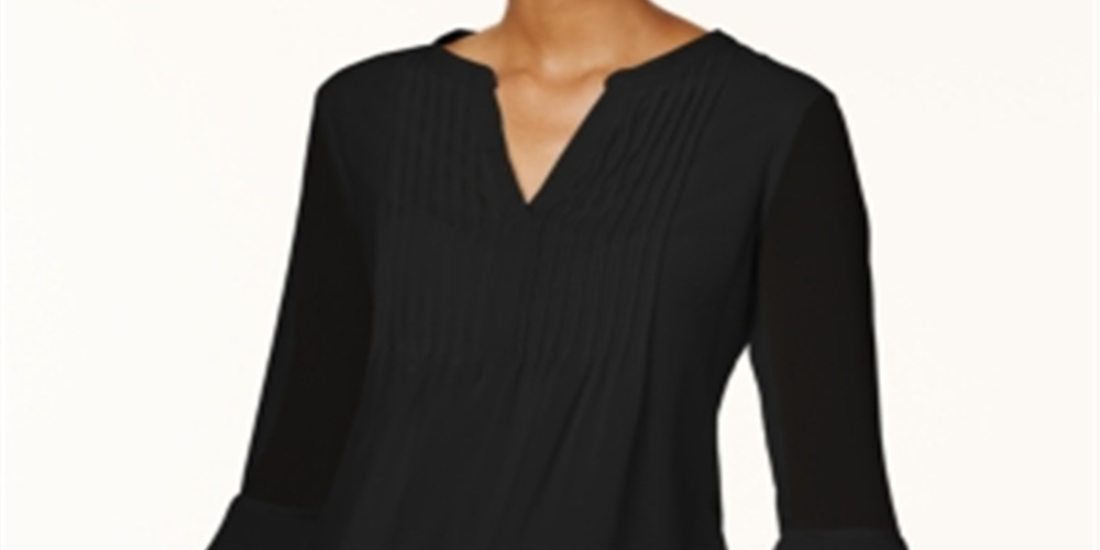 Charter Club Women's Double Ruffle Solid Pintuck Top Black Size Petite S