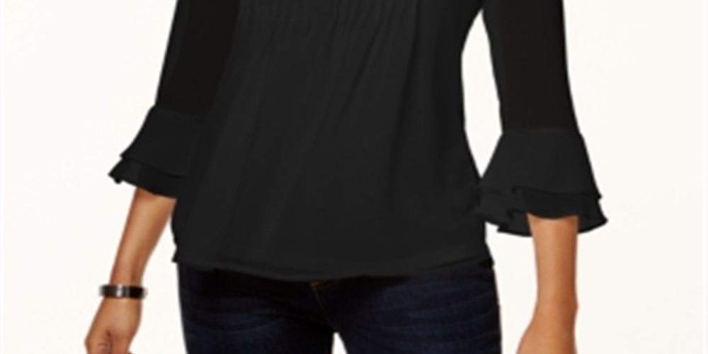 Charter Club Women's Double Ruffle Solid Pintuck Top Black Size Petite S